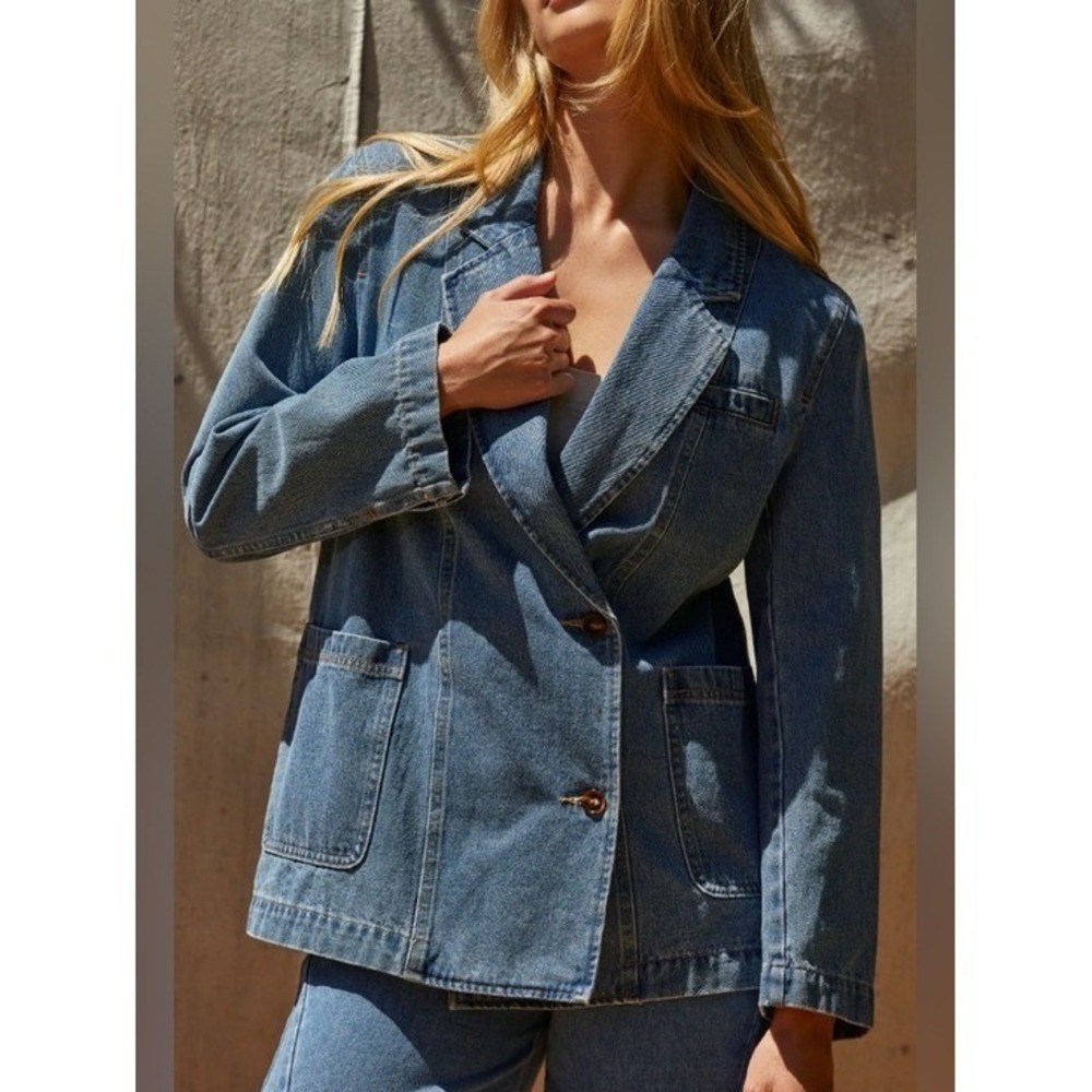 Mango MNG Denim Blazer Medium Wash Double Breasted Cotton Jacket Womens Small